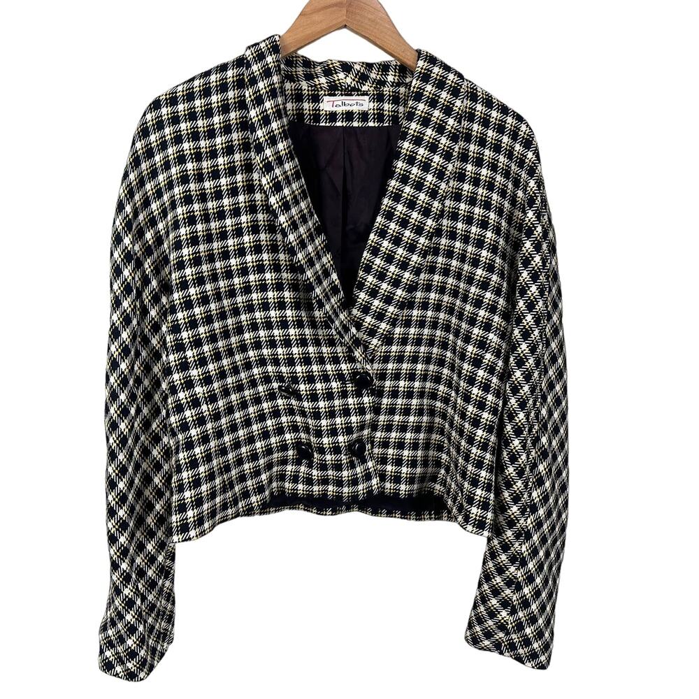 Vintage Talbots Clueless Black Yellow Plaid Cropped Blazer Double Breasted